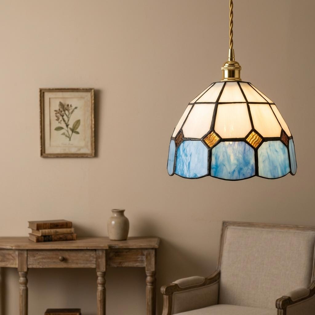 Cream and Blue Domed Handmade Tiffany-Inspired Pendant Light with Amber-Tone Diamond Motifs - view 8