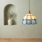 Cream and Blue Domed Handmade Tiffany-Inspired Pendant Light with Amber-Tone Diamond Motifs - view 6