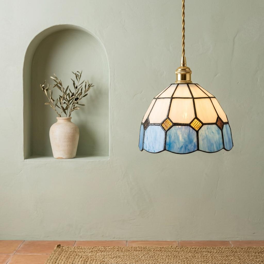 Cream and Blue Domed Handmade Tiffany-Inspired Pendant Light with Amber-Tone Diamond Motifs - view 6