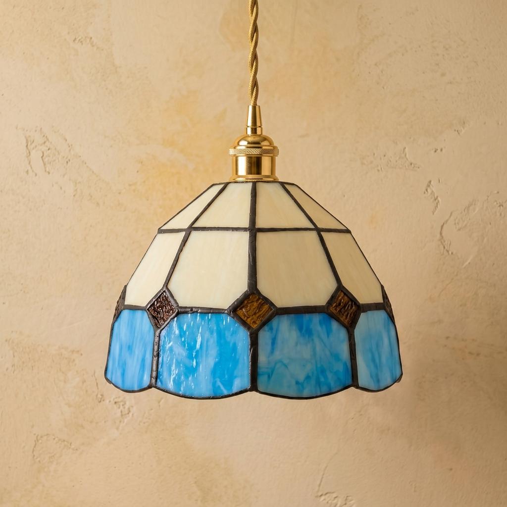 Cream and Blue Domed Handmade Tiffany-Inspired Pendant Light with Amber-Tone Diamond Motifs - view 5