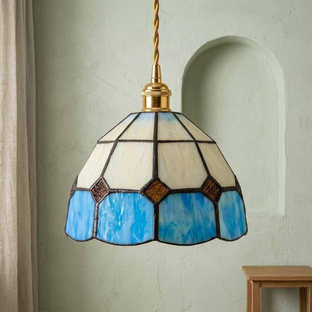 Cream and Blue Domed Handmade Tiffany-Inspired Pendant Light with Amber-Tone Diamond Motifs - view 7