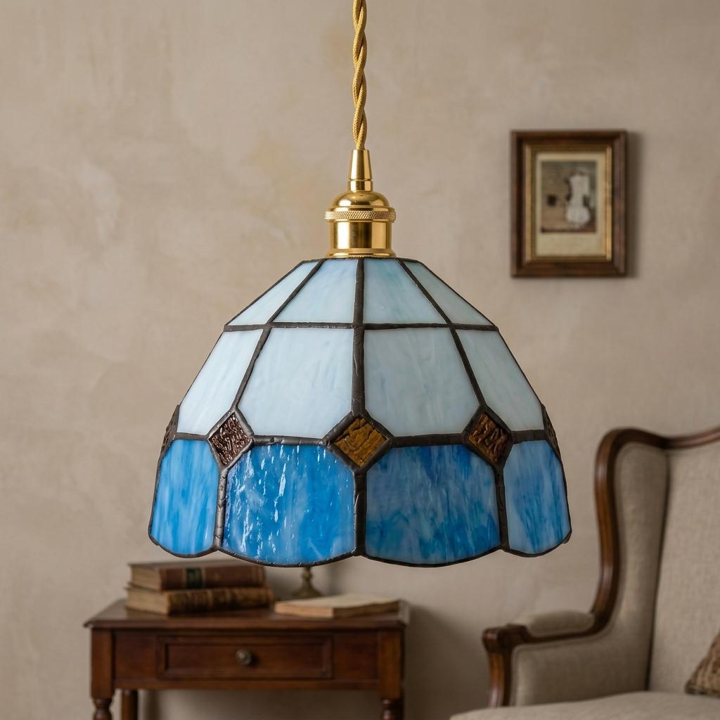 Cream and Blue Domed Handmade Tiffany-Inspired Pendant Light with Amber-Tone Diamond Motifs - view 9