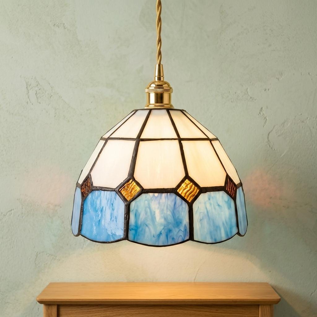 Cream and Blue Domed Handmade Tiffany-Inspired Pendant Light with Amber-Tone Diamond Motifs - view 10
