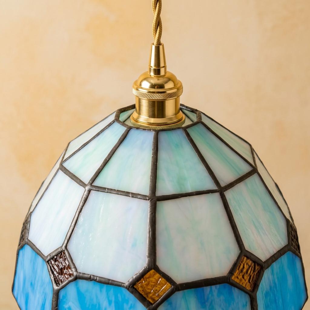 Cream and Blue Domed Handmade Tiffany-Inspired Pendant Light with Amber-Tone Diamond Motifs - view 4
