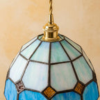 Cream and Blue Domed Handmade Tiffany-Inspired Pendant Light with Amber-Tone Diamond Motifs - view 4
