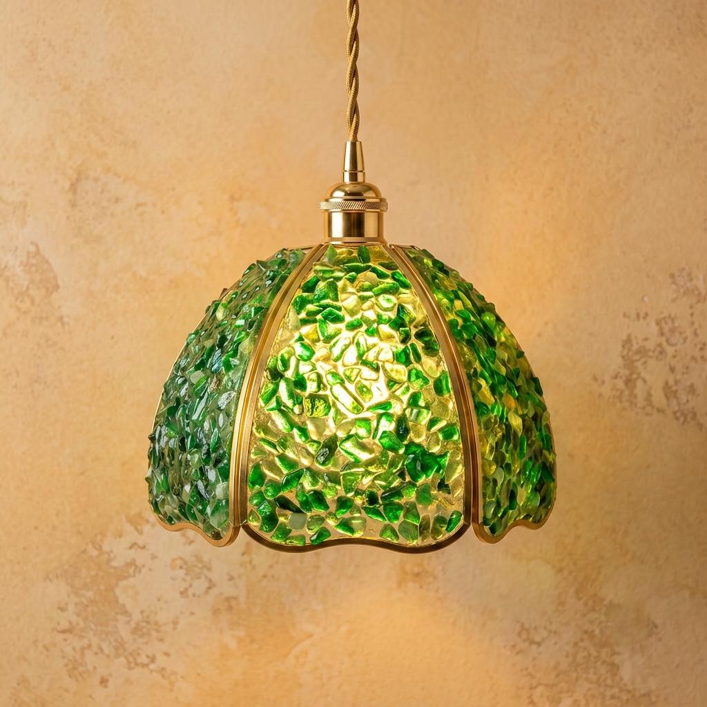Deep Green Pebble-Pattern Handmade Tiffany-Inspired Pendant Light with Petal-Panel Dome by AuroraeGlass