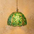 Deep Green Pebble-Pattern Handmade Tiffany-Inspired Pendant Light with Petal-Panel Dome by AuroraeGlass