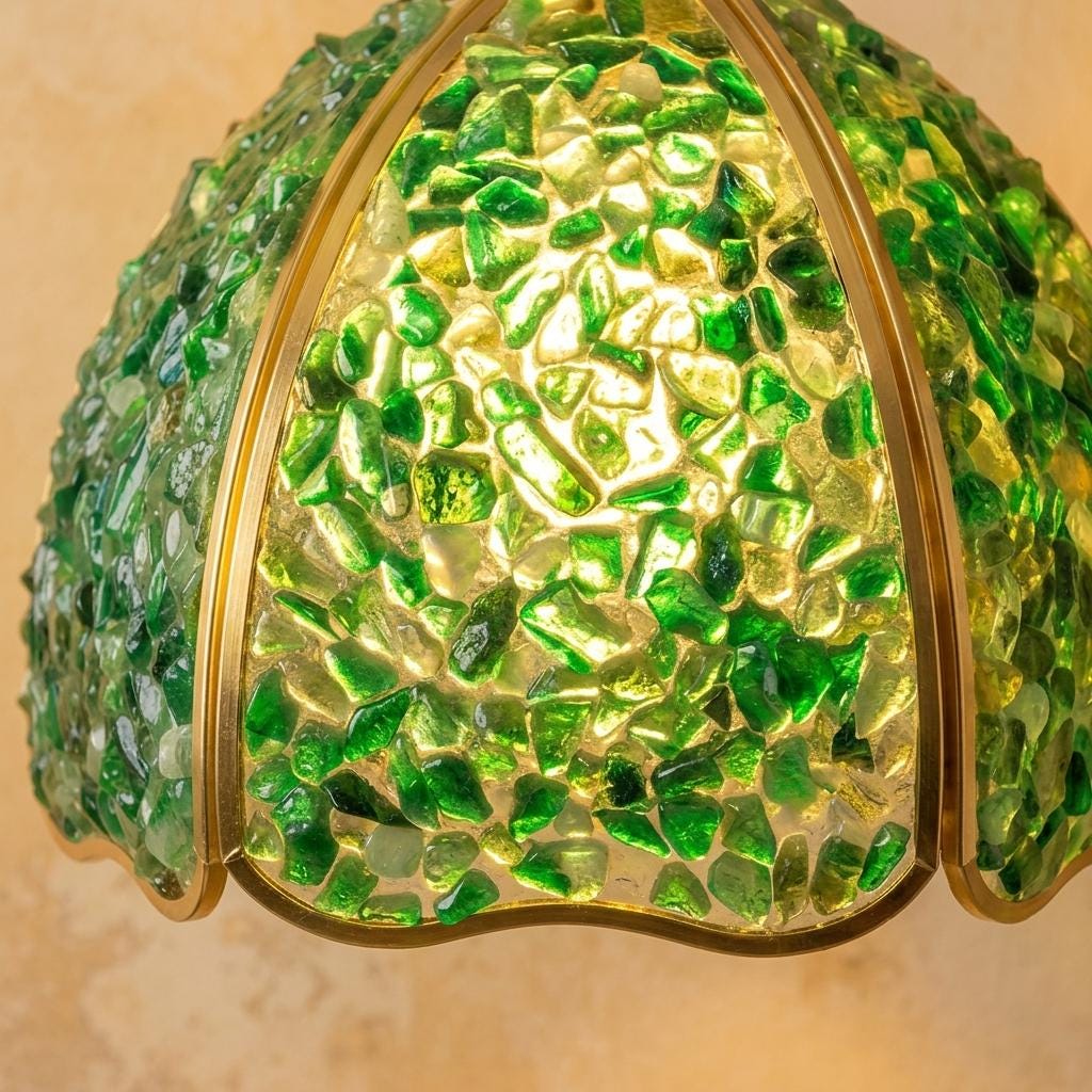 Deep Green Pebble-Pattern Handmade Tiffany-Inspired Pendant Light with Petal-Panel Dome - view 2