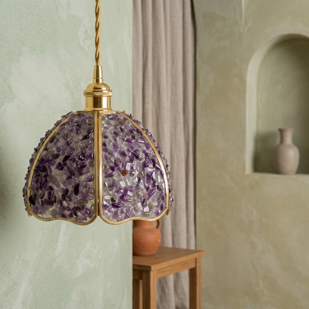 Deep Purple Pebble-Pattern Handmade Tiffany-Inspired Pendant Light with Petal-Panel Dome - view 7