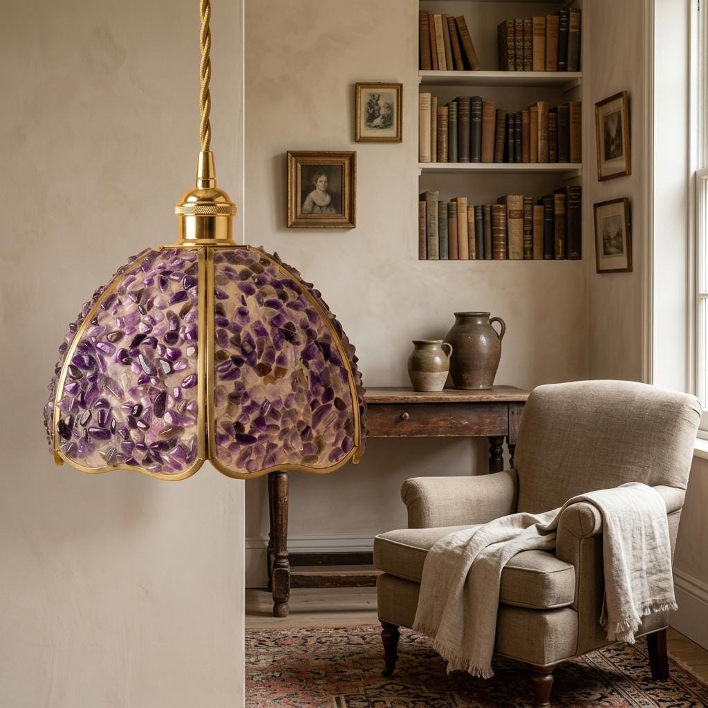 Deep Purple Pebble-Pattern Handmade Tiffany-Inspired Pendant Light with Petal-Panel Dome - view 9