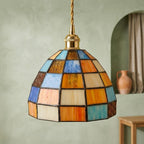 Multicolor Patchwork Domed Handmade Tiffany-Inspired Pendant Light with Blue and Orange Grid Panels - view 7