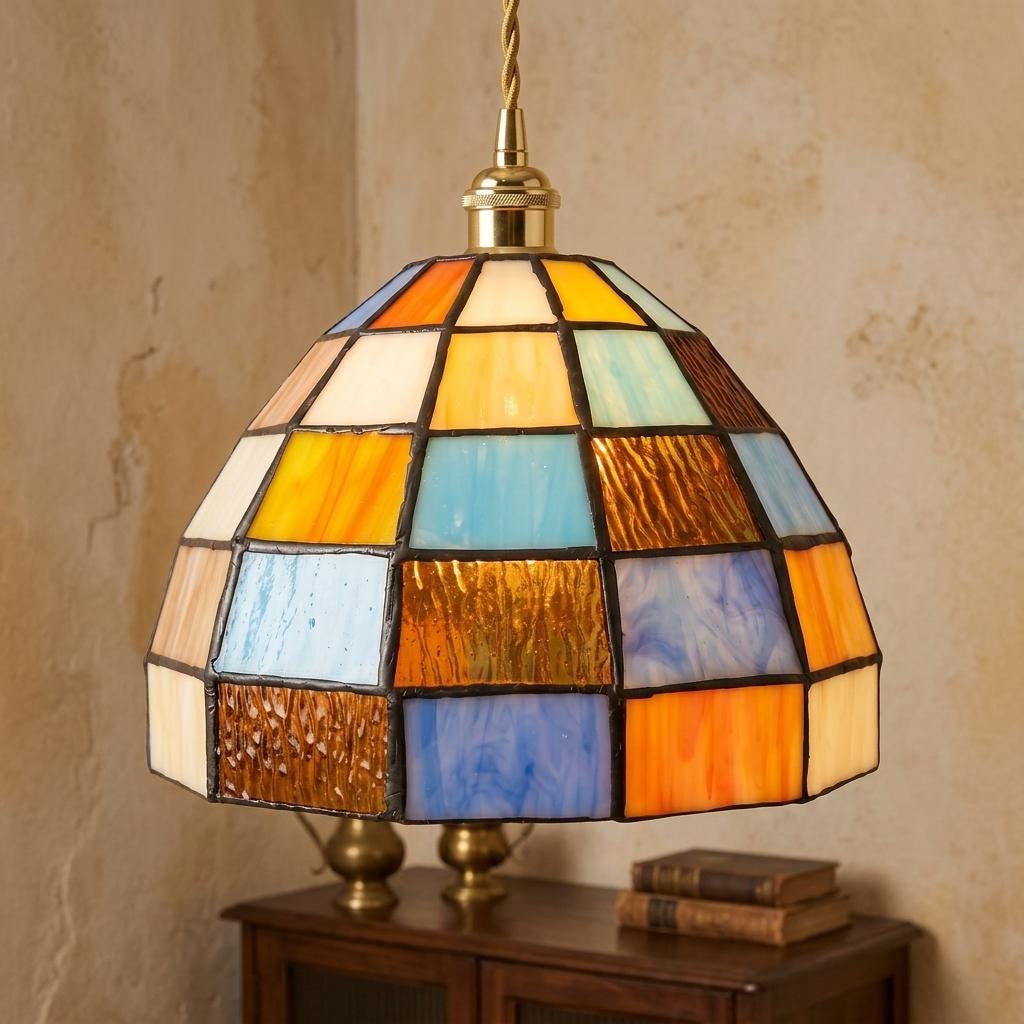 Multicolor Patchwork Domed Handmade Tiffany-Inspired Pendant Light with Blue and Orange Grid Panels - view 10