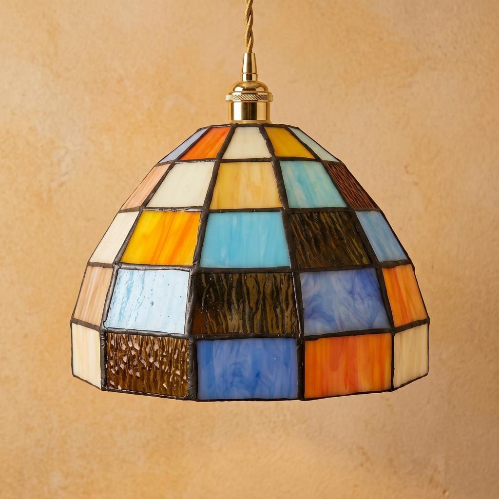 Multicolor Patchwork Domed Handmade Tiffany-Inspired Pendant Light with Blue and Orange Grid Panels - view 5