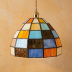 Multicolor Patchwork Domed Handmade Tiffany-Inspired Pendant Light with Blue and Orange Grid Panels - view 5