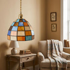Multicolor Patchwork Domed Handmade Tiffany-Inspired Pendant Light with Blue and Orange Grid Panels - view 9