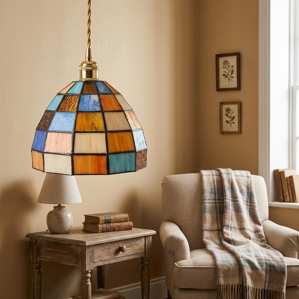 Multicolor Patchwork Domed Handmade Tiffany-Inspired Pendant Light with Blue and Orange Grid Panels - view 9