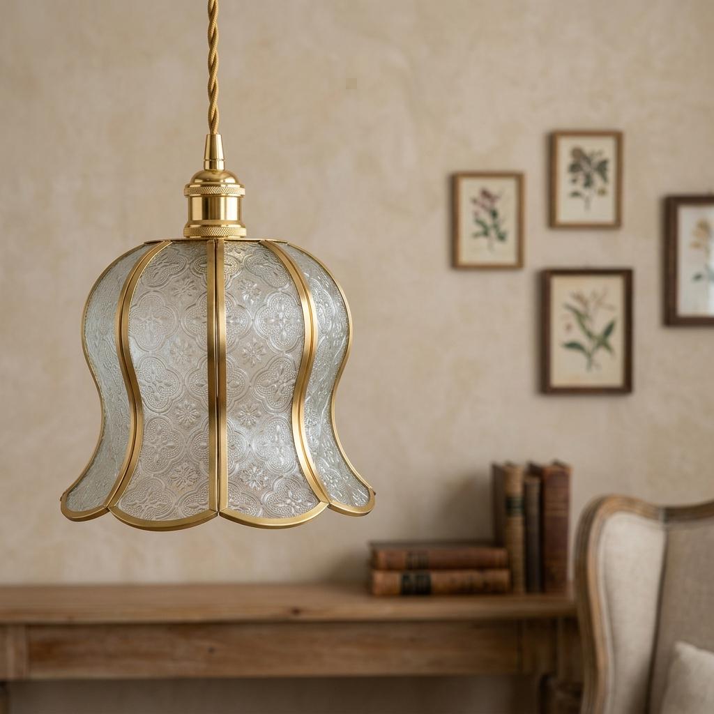 Handmade Clear-Look Tiffany-Inspired Pendant Light, Embossed-Look Bell with Scalloped Edge - view 9