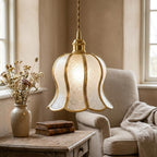 Handmade Clear-Look Tiffany-Inspired Pendant Light, Embossed-Look Bell with Scalloped Edge - view 10