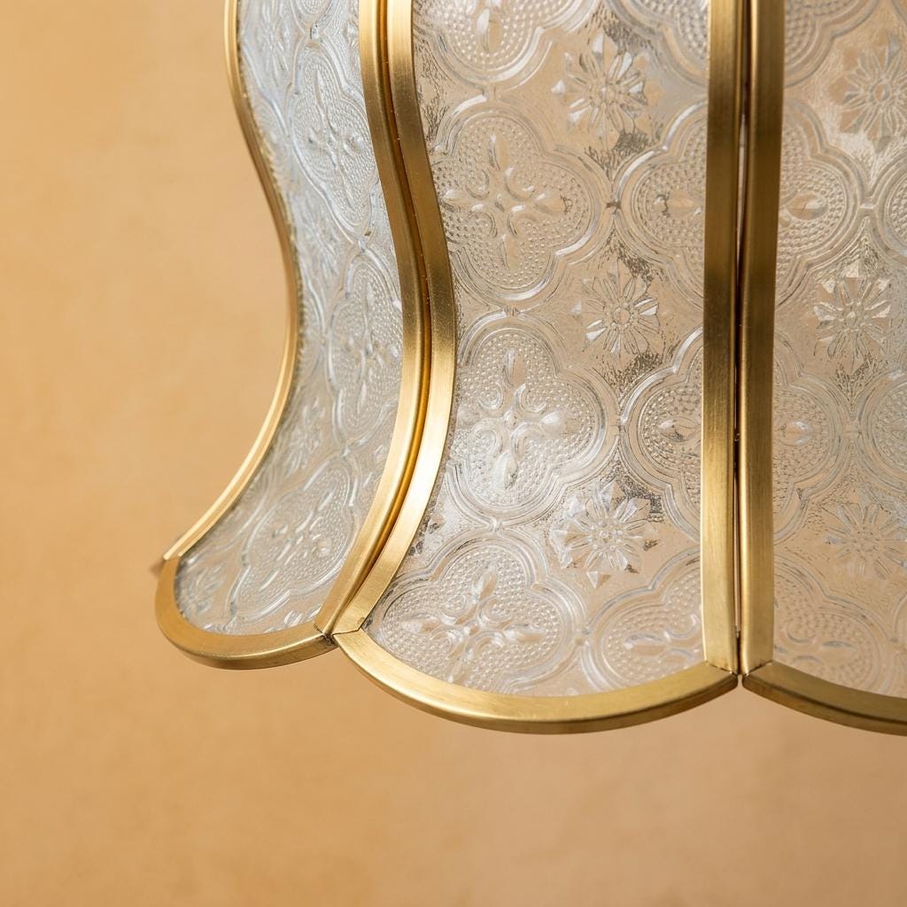 Handmade Clear-Look Tiffany-Inspired Pendant Light, Embossed-Look Bell with Scalloped Edge - view 3