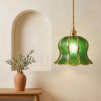 Handmade Green Tiffany-Inspired Pendant Light, Embossed-Look Bell with Scalloped Edge - view 6