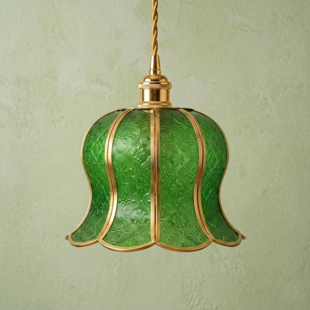 Handmade Green Tiffany-Inspired Pendant Light, Embossed-Look Bell with Scalloped Edge - view 5