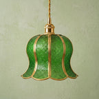 Handmade Green Tiffany-Inspired Pendant Light, Embossed-Look Bell with Scalloped Edge - view 5