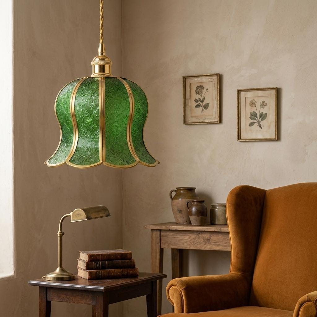 Handmade Green Tiffany-Inspired Pendant Light, Embossed-Look Bell with Scalloped Edge - view 9