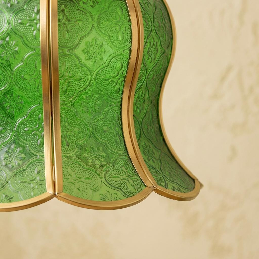 Handmade Green Tiffany-Inspired Pendant Light, Embossed-Look Bell with Scalloped Edge - view 3