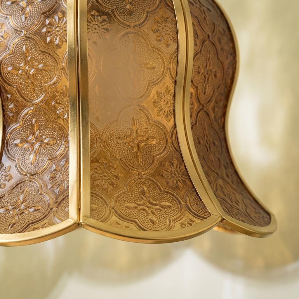 Handmade Warm Brown Tiffany-Inspired Pendant Light, Embossed-Look Bell with Scalloped Edge - view 3