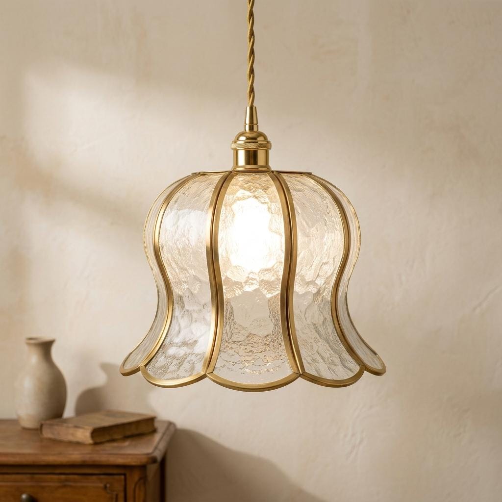 Handmade Clear-Look Tiffany-Inspired Pendant Light, Textured-Look Bell with Scalloped Edge - view 10