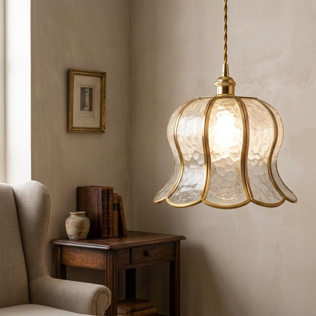 Handmade Clear-Look Tiffany-Inspired Pendant Light, Textured-Look Bell with Scalloped Edge - view 8