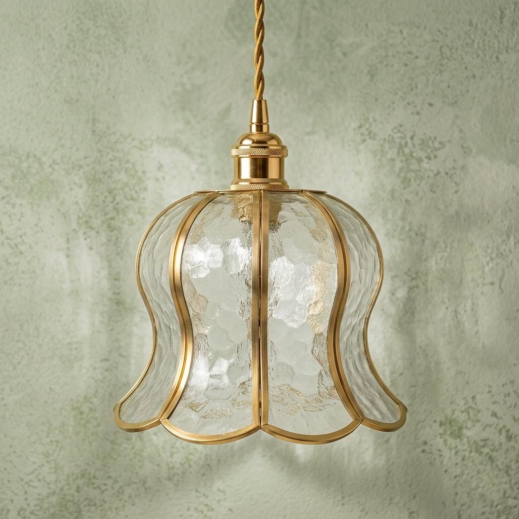 Handmade Clear-Look Tiffany-Inspired Pendant Light, Textured-Look Bell with Scalloped Edge - view 5