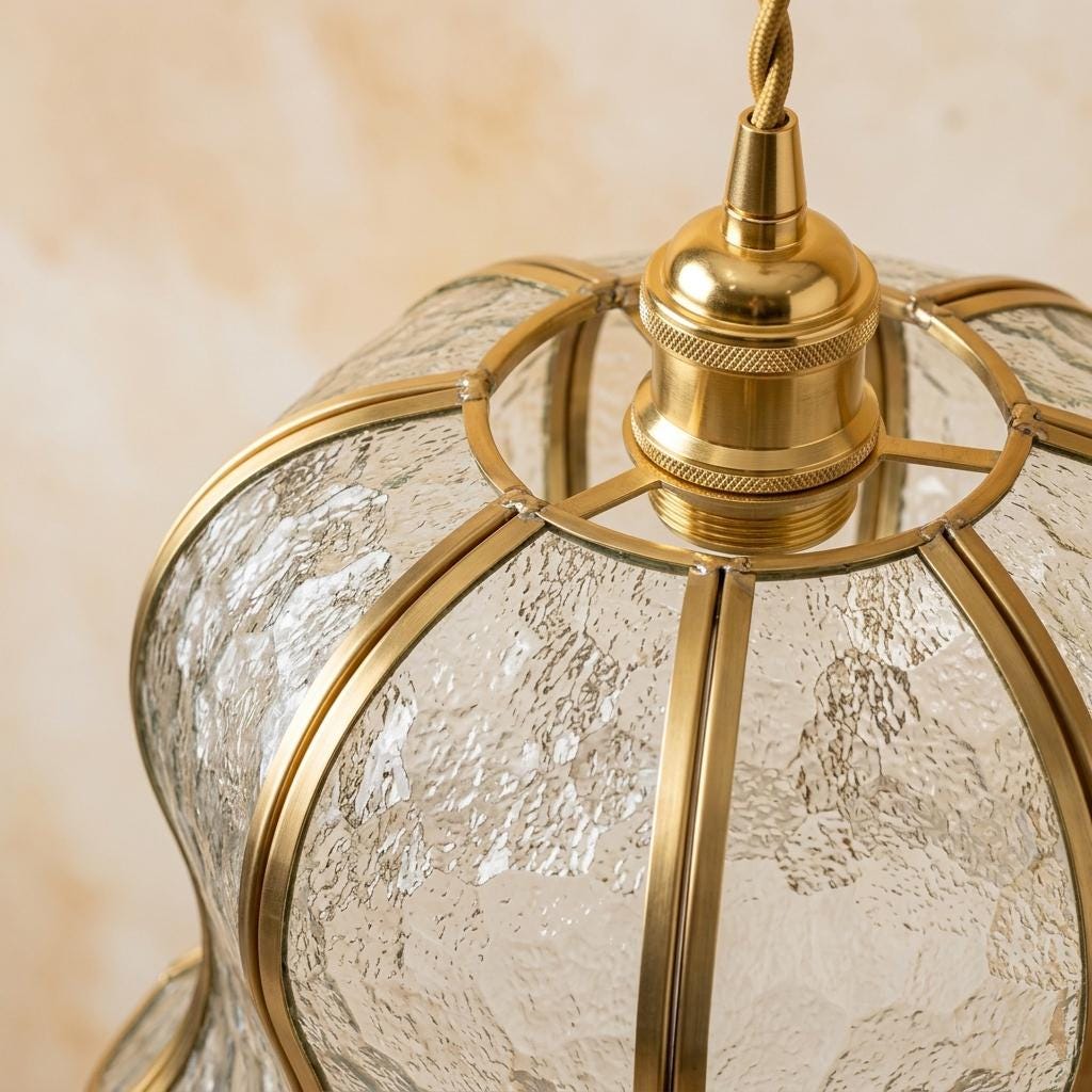 Handmade Clear-Look Tiffany-Inspired Pendant Light, Textured-Look Bell with Scalloped Edge - view 4