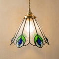 Green and Blue Feather-Eye Tiffany-Inspired Pendant Light, Pointed Scalloped Bell, Handmade by AuroraeGlass