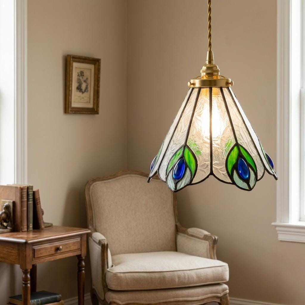 Green and Blue Feather-Eye Tiffany-Inspired Pendant Light, Pointed Scalloped Bell, Handmade - view 7
