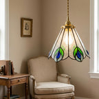 Green and Blue Feather-Eye Tiffany-Inspired Pendant Light, Pointed Scalloped Bell, Handmade - view 7