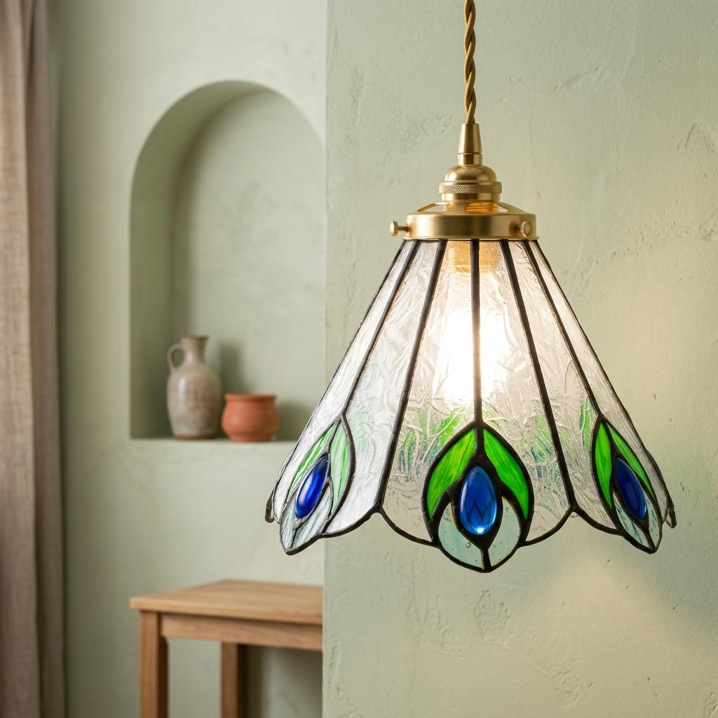 Green and Blue Feather-Eye Tiffany-Inspired Pendant Light, Pointed Scalloped Bell, Handmade - view 5
