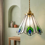 Green and Blue Feather-Eye Tiffany-Inspired Pendant Light, Pointed Scalloped Bell, Handmade - view 5