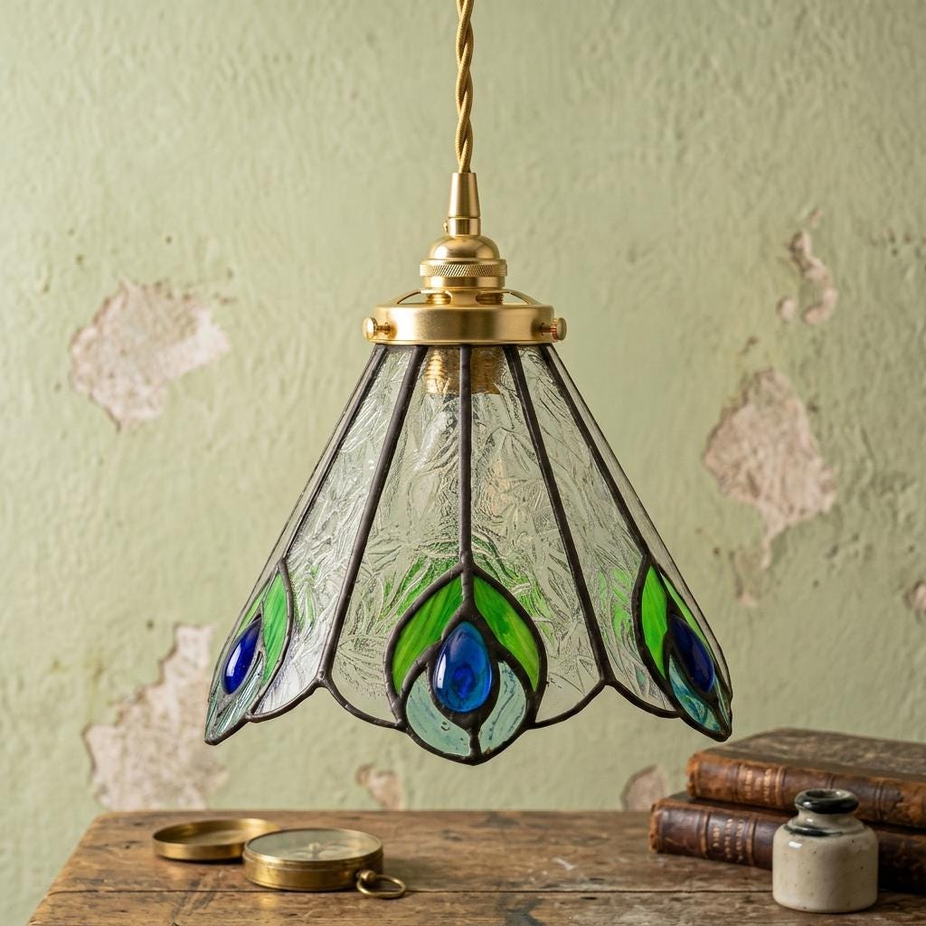 Green and Blue Feather-Eye Tiffany-Inspired Pendant Light, Pointed Scalloped Bell, Handmade - view 10