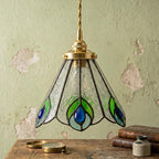 Green and Blue Feather-Eye Tiffany-Inspired Pendant Light, Pointed Scalloped Bell, Handmade - view 10