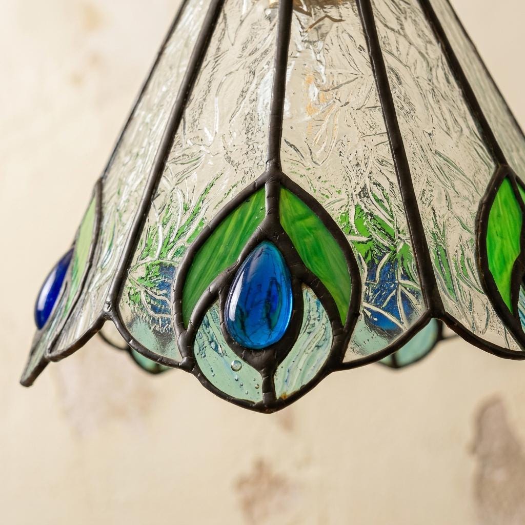Green and Blue Feather-Eye Tiffany-Inspired Pendant Light, Pointed Scalloped Bell, Handmade - view 3