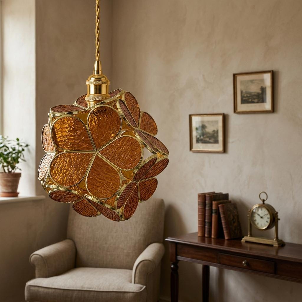 Warm Brown Petal Tiffany-Inspired Pendant Light, Rounded Bud Form, Handmade - view 9