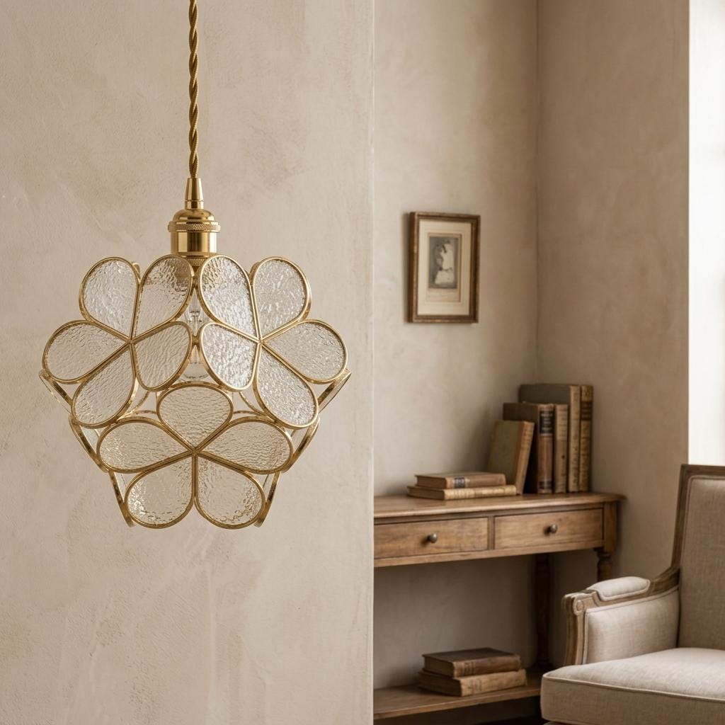 Pearl-Look Petal Tiffany-Inspired Pendant Light, Open Bud Form, Handmade - view 9