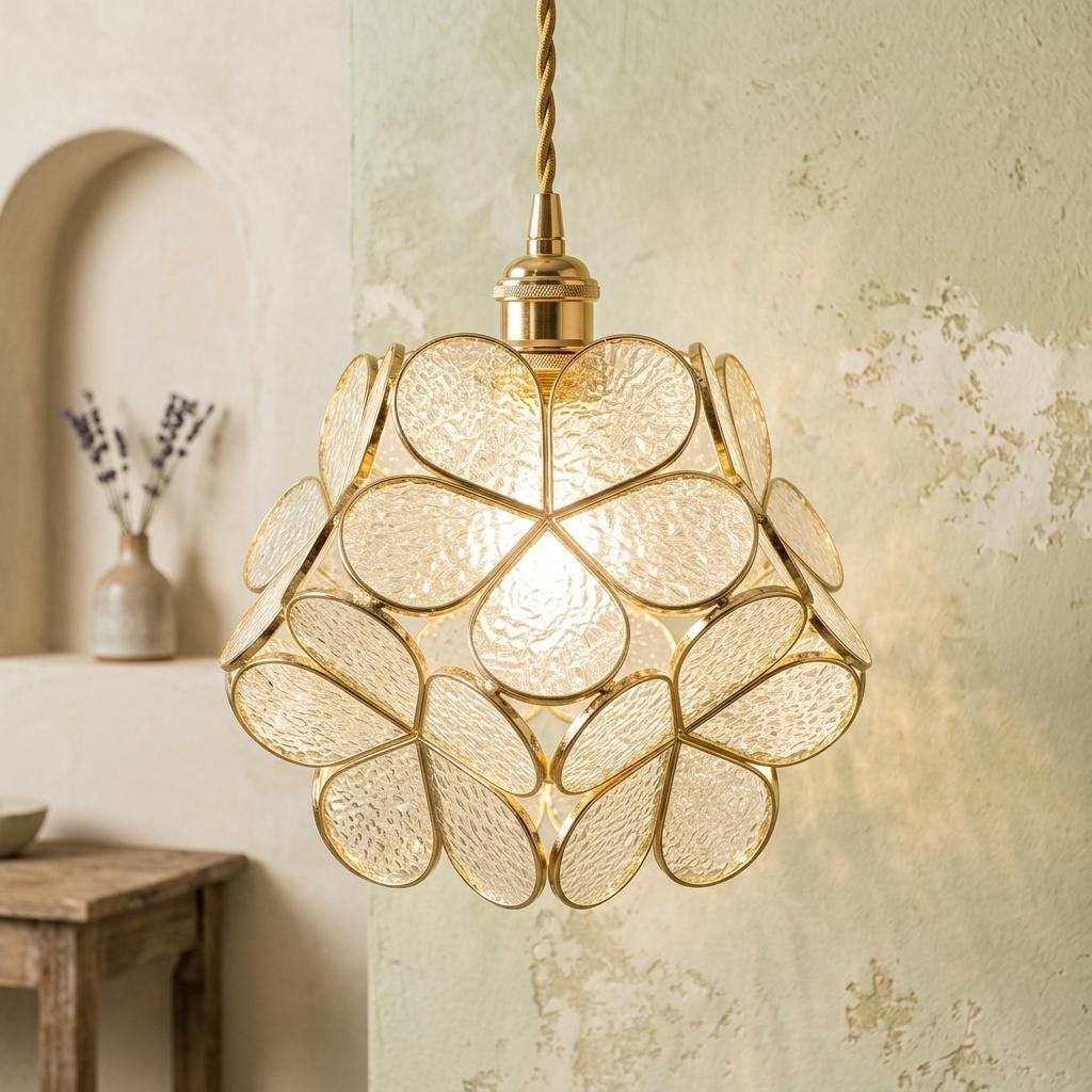 Pearl-Look Petal Tiffany-Inspired Pendant Light, Open Bud Form, Handmade - view 6