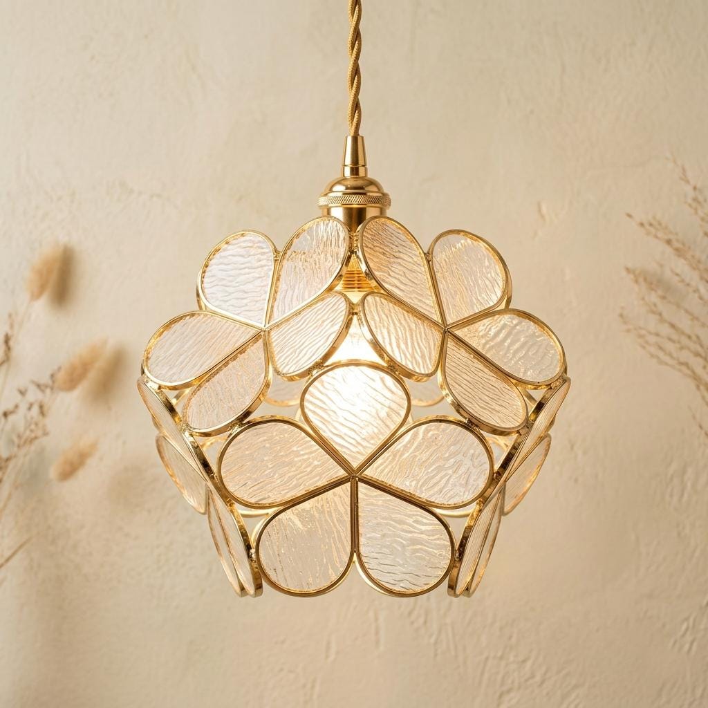 Clear-Look Rounded Petal Tiffany-Inspired Pendant Light, Layered Bud Form, Handmade by AuroraeGlass