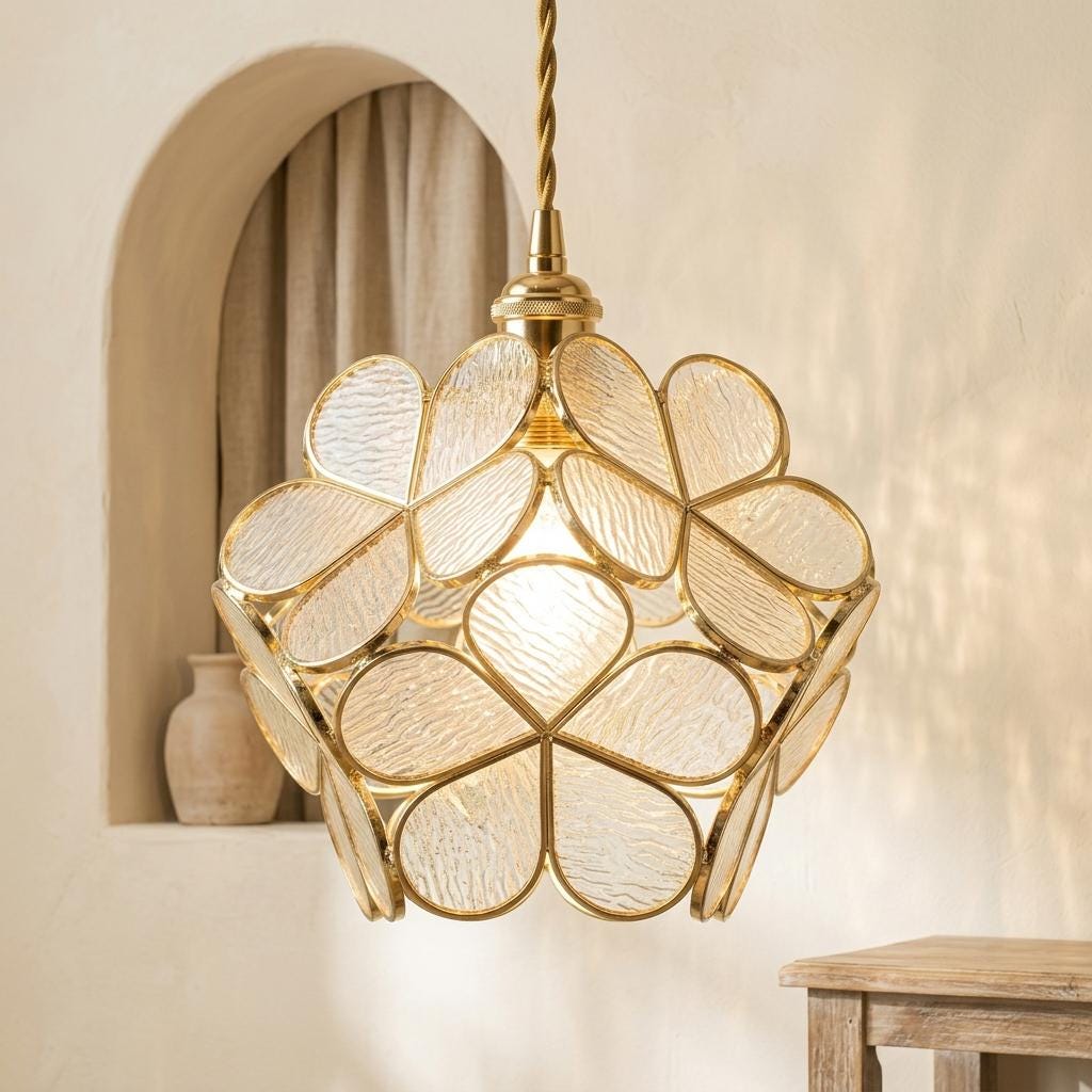 Clear-Look Rounded Petal Tiffany-Inspired Pendant Light, Layered Bud Form, Handmade - view 6