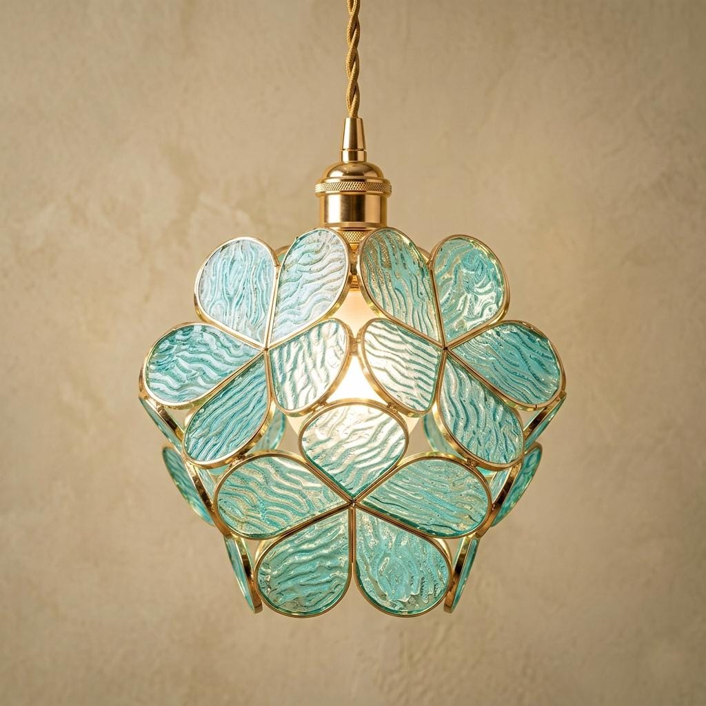 Aqua Petal Tiffany-Inspired Pendant Light, Rounded Bud Form, Handmade by AuroraeGlass