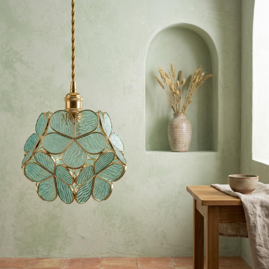 Aqua Petal Tiffany-Inspired Pendant Light, Rounded Bud Form, Handmade - view 7