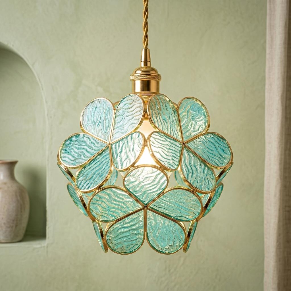 Aqua Petal Tiffany-Inspired Pendant Light, Rounded Bud Form, Handmade - view 6