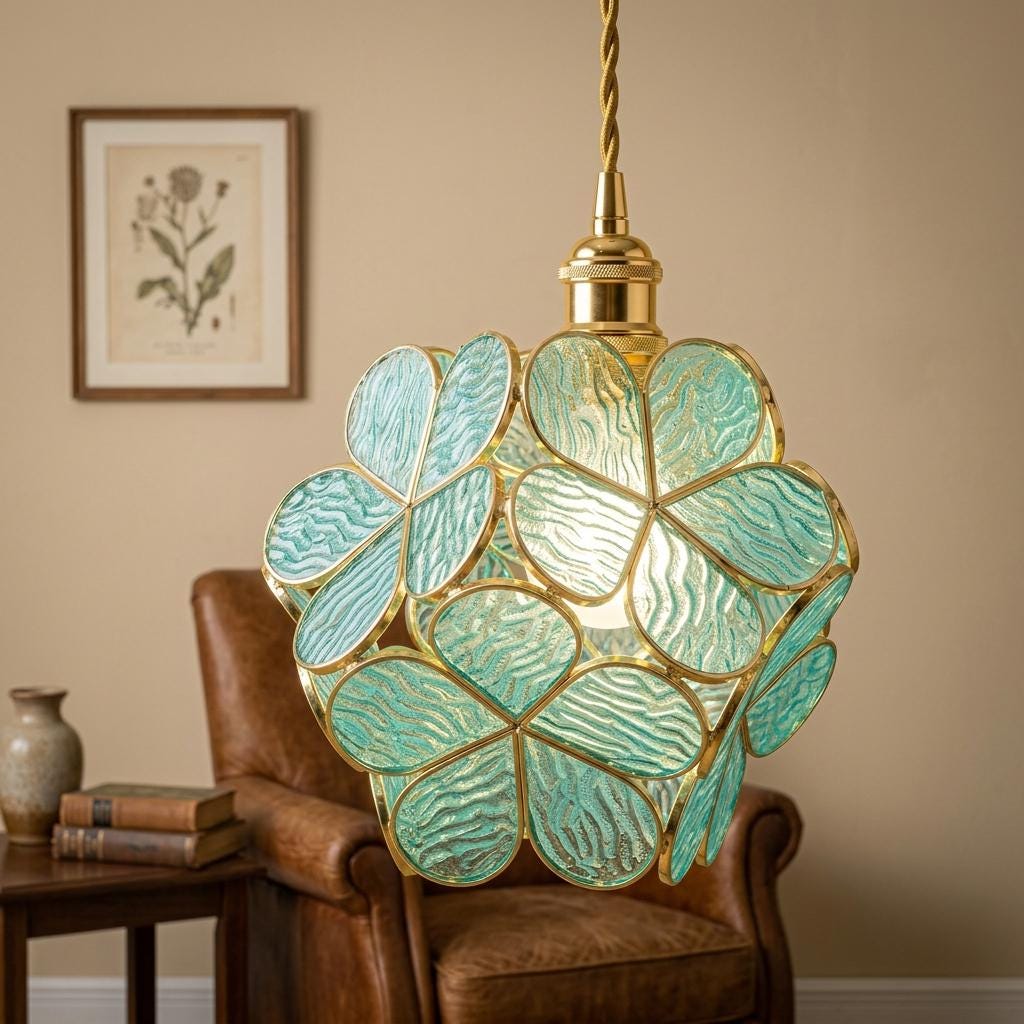 Aqua Petal Tiffany-Inspired Pendant Light, Rounded Bud Form, Handmade - view 8